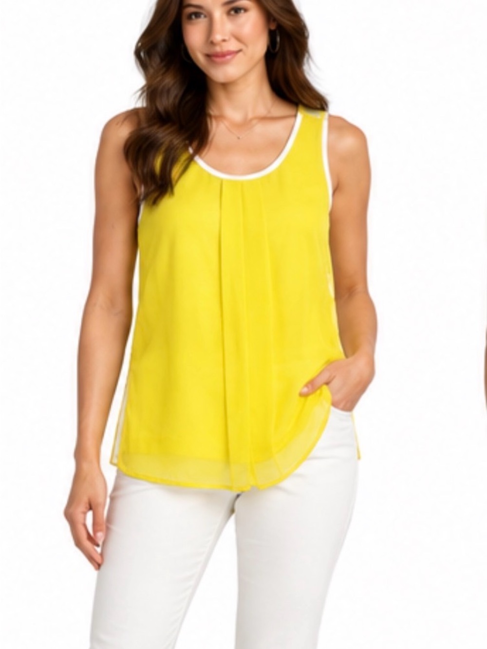 LOFT Yellow and White Sleeveless Pleated Scoop-Neck Camisole